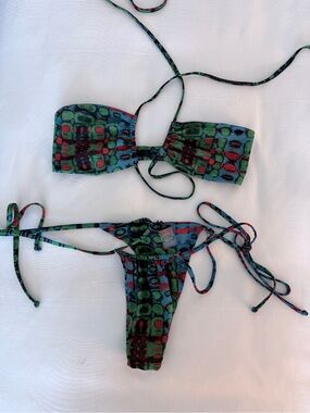 Gonza Multicolor Green Blue Red Tie-Side Bandeau Bikini Set